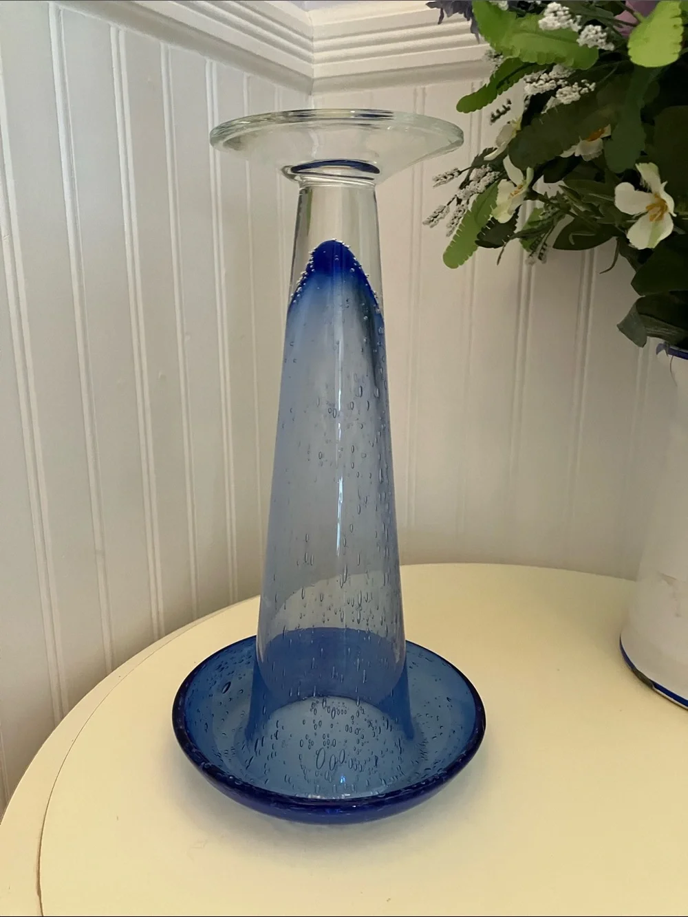 Vintage Hand Blown Cobalt Blue Footed Vase With Folded Trumpet Rim